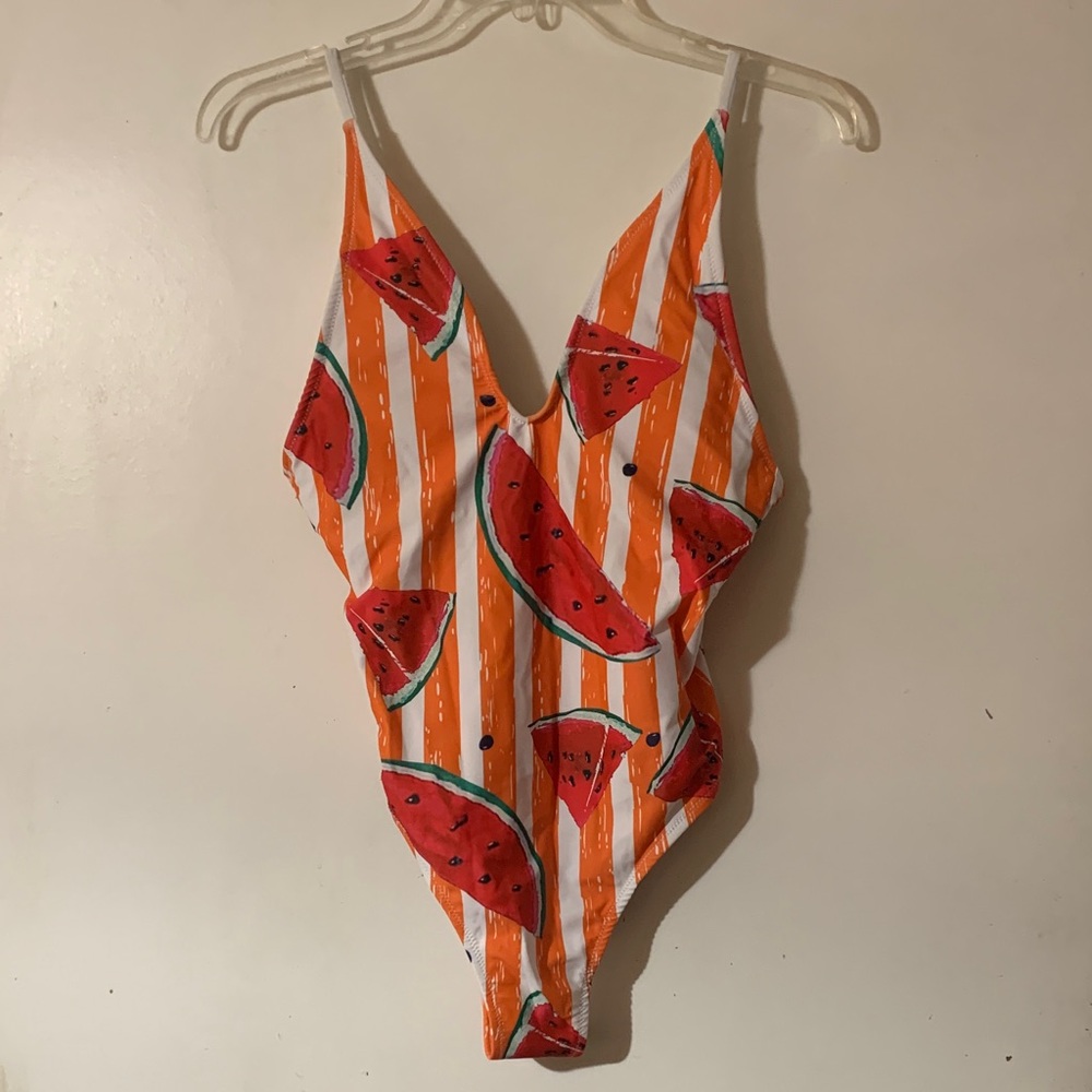SHEIN Orange Watermelon Print One Piece Swimsuit